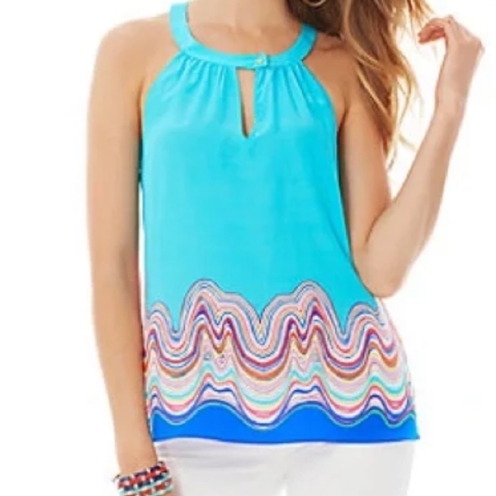 LILLY PULITZER 100% silk blue rain top size XS